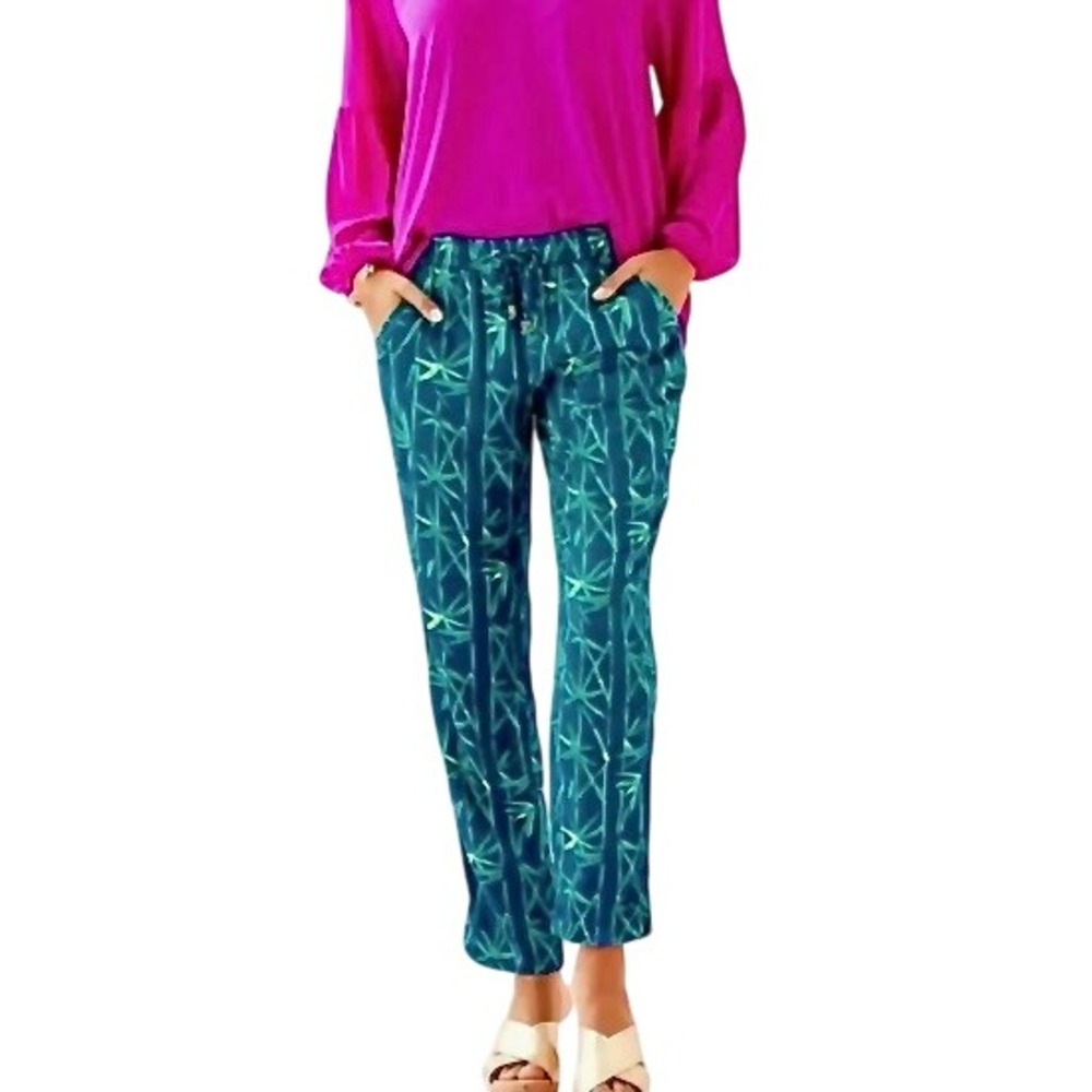 Lilly Pulitzer Piper Crop Ankle Pants MEDIUM‎ Bamboo Bash Blue Tie Medallion